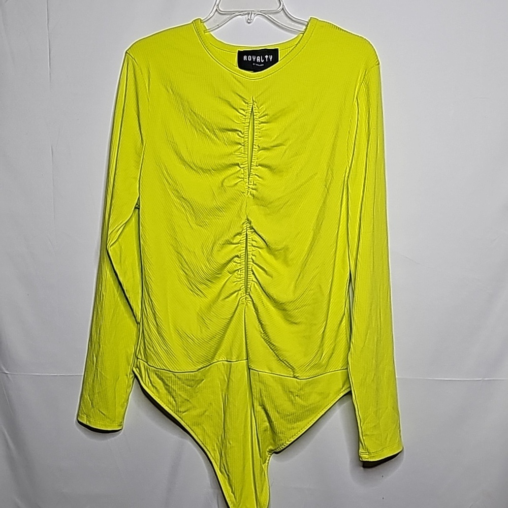 Royalty by Maluma neon yellow long sleeve bodysuit stretchy cutouts in front XXL